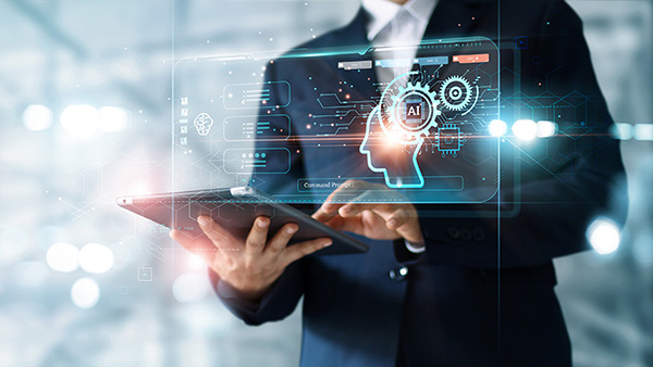 Hombre seleccionando algo en una tablet. En primer plano se ve un duplicado de la pantalla como holograma, con herramientas de inteligencia artificial